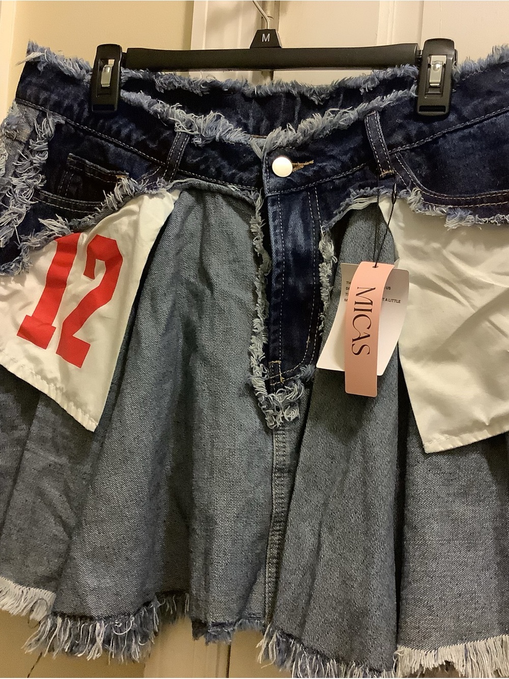 MICAS patchwork/ deconstructed denim mini skirt.  Size L